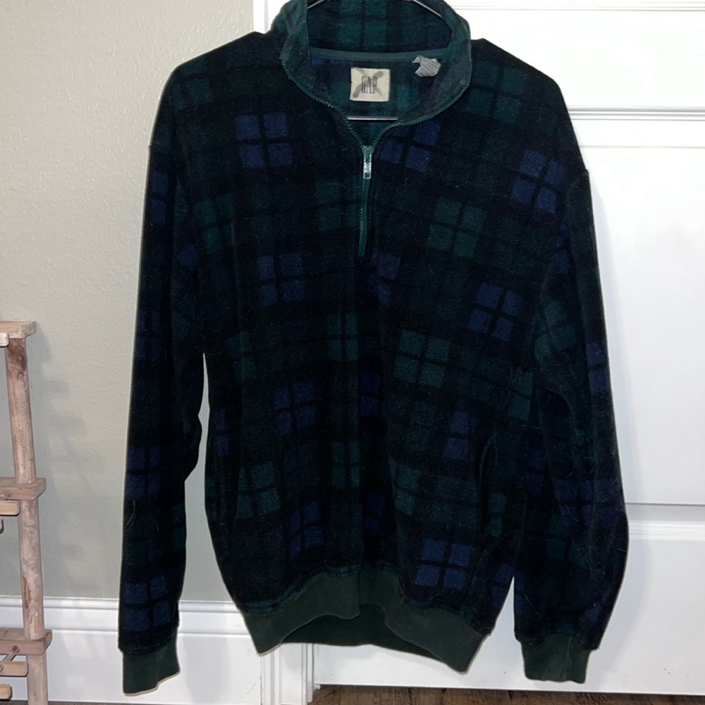 Vintage GAP Fleece Sweatshirt Mens Medium Green Navy Plaid Mock Neck